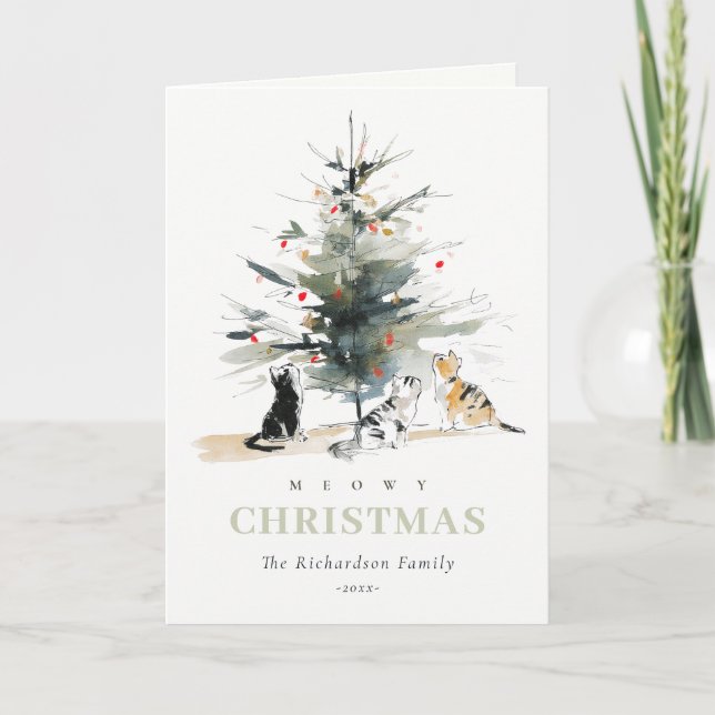Cartes Pour Fêtes Annuelles Jolis chats modernes aquarelle arbre de Noël Meowy (Devant)