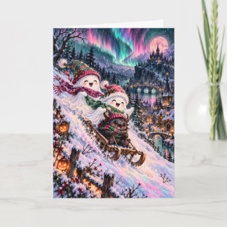 Cartes Pour Fêtes Annuelles Jolis fantômes et Krampus faisant de la luge sous