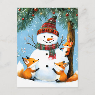 Cartes Pour Fêtes Annuelles Jolis renards et bonhomme de neige de la forêt hiv