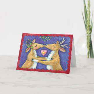 Cartes Pour Fêtes Annuelles Jolis rennes de Noël, baiser romantique avec du gu