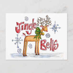 Cartes Pour Fêtes Annuelles Jolis rennes de Noël, flocons de neige aux cloches