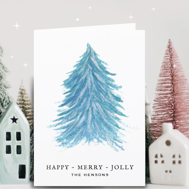 Cartes Pour Fêtes Annuelles Jolly Bleu Arbre de Noël Aquarelle Dessin Vacances (Créateur téléchargé)