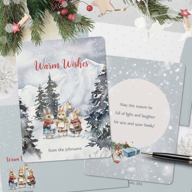Cartes Pour Fêtes Annuelles Jolly chantant des lapins (Watercolor Rabbit Carolers Cottagecore Lantern Holiday Card ©Susanne Sachers - Sunny Mind 🌞)