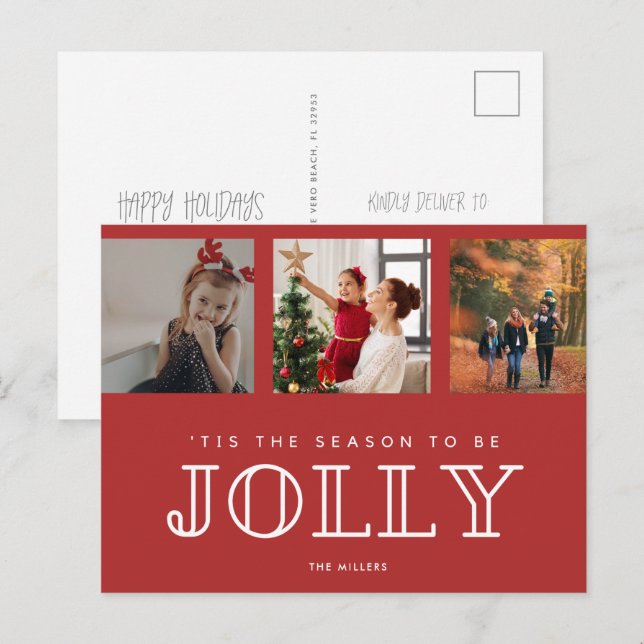 Cartes Pour Fêtes Annuelles Jolly Famille Trois Photo Noël Rouge (Devant / Derrière)