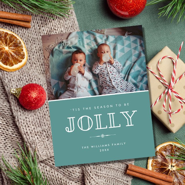 Cartes Pour Fêtes Annuelles Jolly Moderne Famille Turquoise Photo Noël (Jolly Modern Teal Family Photo Christmas Holiday Postcard)
