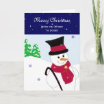 Cartes Pour Fêtes Annuelles Jolly Snowman<br><div class="desc">Un bonhomme de neige doux dans un chapeau haut,  tenant une canne...  régalez vos amis et votre famille avec cette carte de vacances ! changez le message comme vous le souhaitez.</div>
