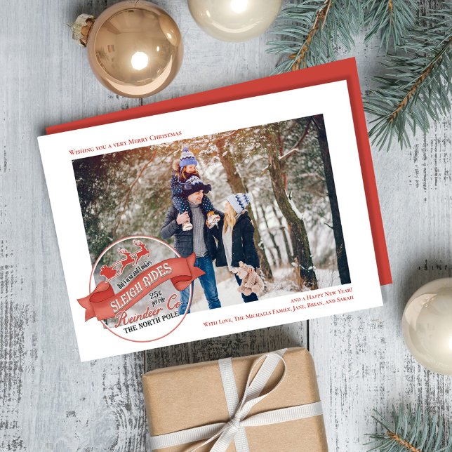 Cartes Pour Fêtes Annuelles Jote Reindeer Une Photo Noël (Whimsical Santa Sleigh rides typography sign. )