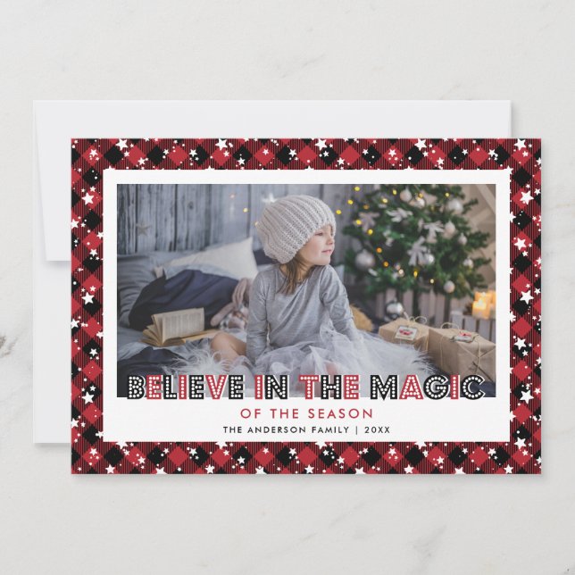 Cartes Pour Fêtes Annuelles Jote Rouge Plaid Stars Photo Neige (Devant)