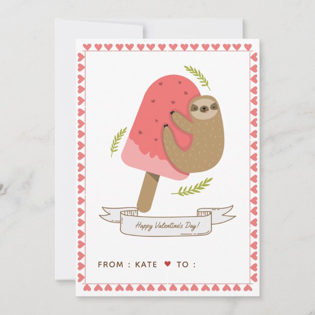 Cartes Pour Fêtes Annuelles Jote Sloth Enfants École Ami Saint Valentin Pink (Devant)