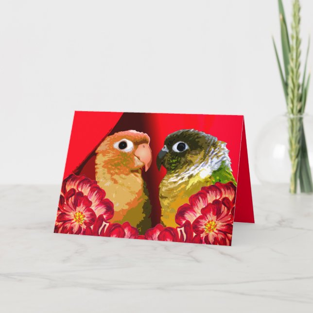 Cartes Pour Fêtes Annuelles Jouer Vert Couple Conure En Amour Rouge 2 Paire Oi (Devant)