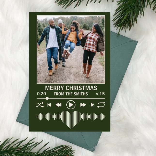 Cartes Pour Fêtes Annuelles Joueur de musique en streaming Photo verte Noël (streaming music player themed holiday christmas card with space for christmas family photo)