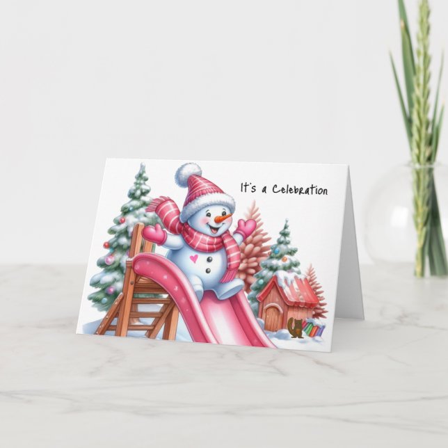 Cartes Pour Fêtes Annuelles Joueur de Snowman à Playground Pink (Devant)