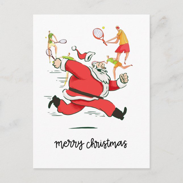 Cartes Pour Fêtes Annuelles Joueur de tennis derrière le Père Noël (Devant)