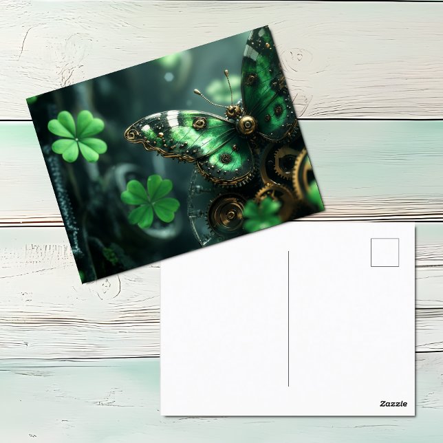 Cartes Pour Fêtes Annuelles Jour de la Saint-Patrick Papillon Steampunk (Steampunk Green Butterfly St. Patrick's Day postcard)