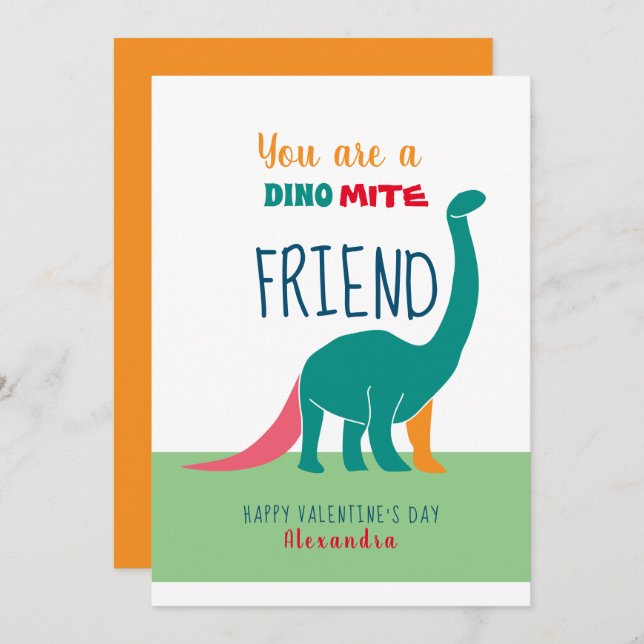 Cartes Pour Fêtes Annuelles Jour des Valentines, Ami de Dinosaure (Devant / Derrière)