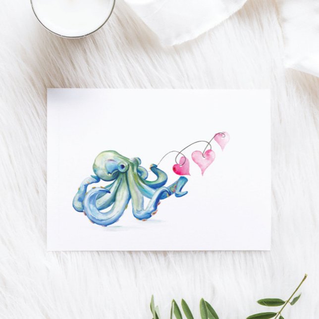 Cartes Pour Fêtes Annuelles Jour des Valentines de la Plage d'Aquarelle de Poc (Valentines cards feature watercolor octopus with pink hearts by Victoria Grigaliunas )