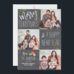 Cartes Pour Fêtes Annuelles Jour férié de photos personnalisé Chalkboard<br><div class="desc">Le design comprend 3 de vos photos de vacances préférées en famille. "Joyeux Noël et un Joyeux Nouvel An d'" est dans un script moderne et typographie de police avec des boules de Noël et des accents feuillages. Personnalisez-le avec vos photos,  noms et messages préférés.</div>
