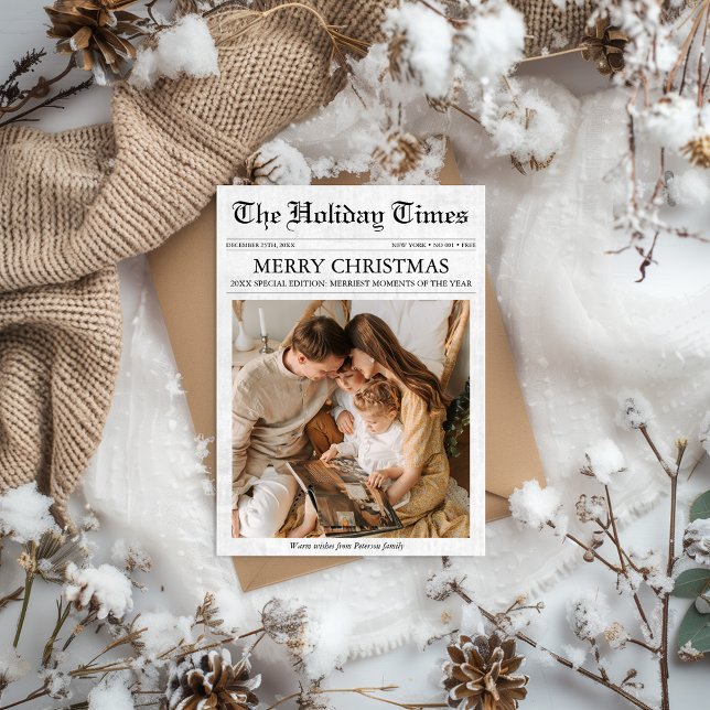 Cartes Pour Fêtes Annuelles Journal Noël Newsletter 1 Photo unique (Newspaper Christmas Card Budget Unique Family Photo Newsletter | What a year | Year in review)