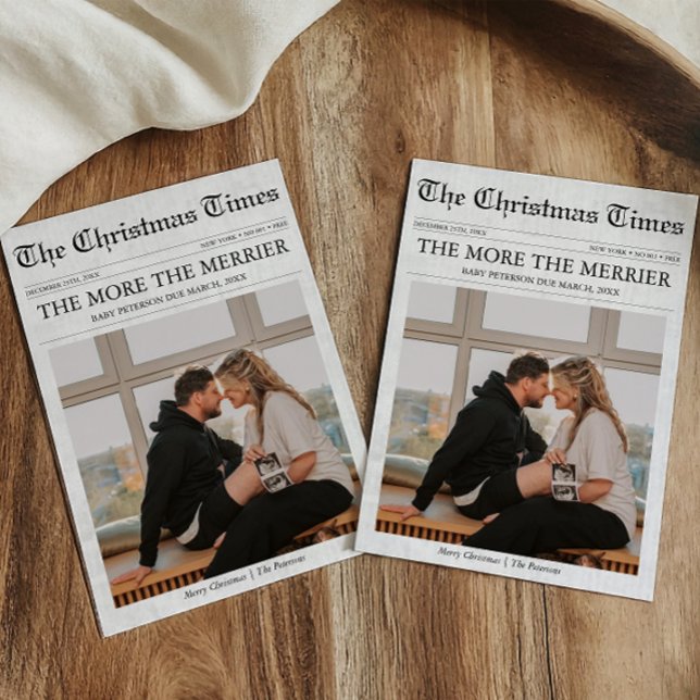 Cartes Pour Fêtes Annuelles Journal Plus le Merrier Baby Christmas (The more the merrier, Christmas Newspaper Family Holiday Card Pregnancy Announcement)
