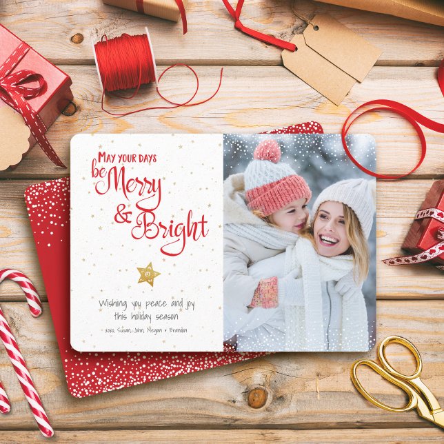 Cartes Pour Fêtes Annuelles Jours Photo Soyez Merry Bright Gold Star Rustique  (Créateur téléchargé)