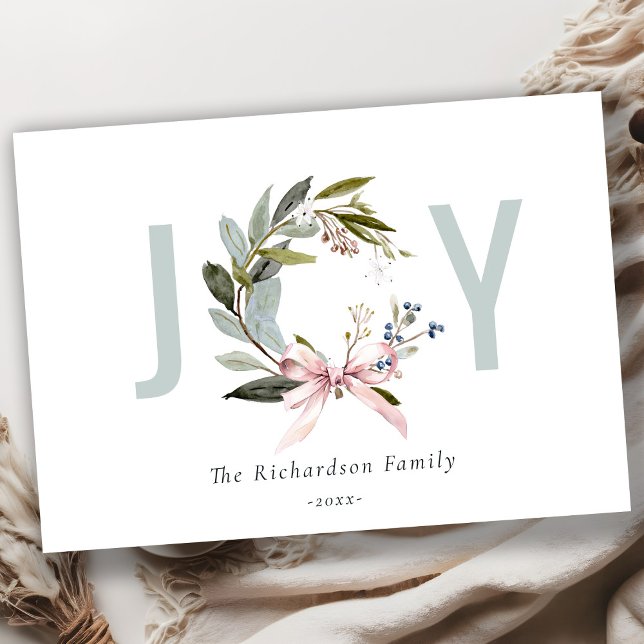 Cartes Pour Fêtes Annuelles Joy Blush Blue Green hiver Wreath de Noël (Créateur téléchargé)