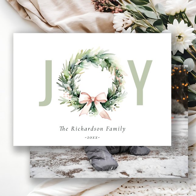 Cartes Pour Fêtes Annuelles Joy Blush Green Christmas Wreath Photo (Créateur téléchargé)