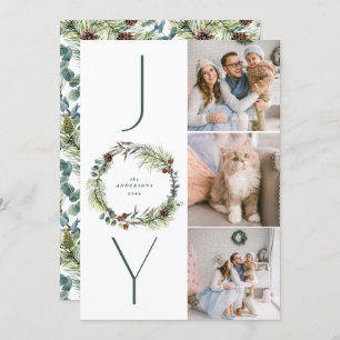Cartes Pour Fêtes Annuelles JOY Botanical Pine Wreath Photo Collage Noël