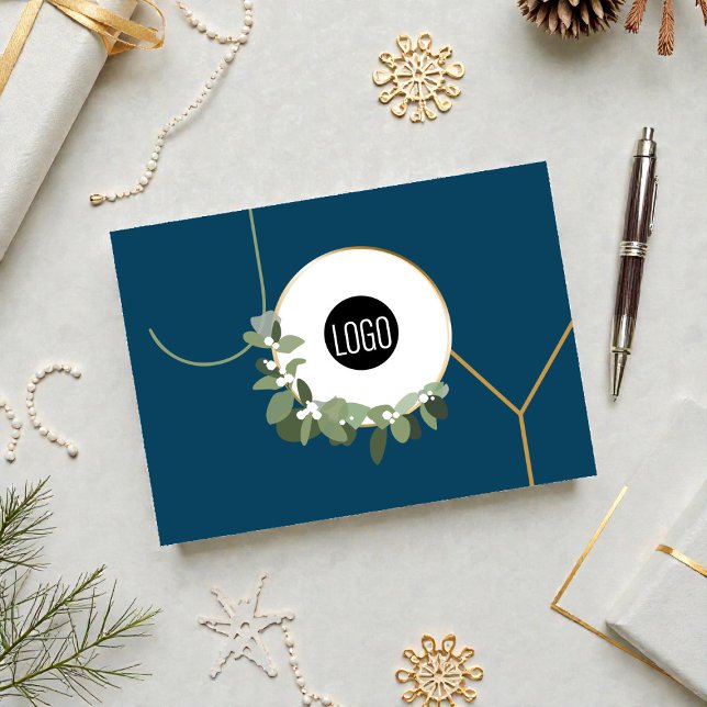 Cartes Pour Fêtes Annuelles Joy Business Logo Happy Holidays Blue (Professional blue modern wreath holiday JOY business holiday JOY card.)