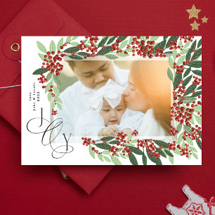 Cartes Pour Fêtes Annuelles JOY Calligraphie Élégante Photo de Noël Botanique
