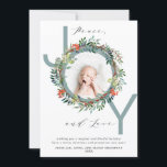 Cartes Pour Fêtes Annuelles JOY Christmas Wreath Blue Baby Photo<br><div class="desc">Un moderne de vacances avec une touche traditionnelle avec le mot JOY en typographie audacieuse avec une couronne de Noël, mélangé avec une typographie élégante complétant l'expression "Paix, Joie et Amour". Personnalisez avec votre photo préférée et 2 espaces de texte. Idéal pour bébé premier Noël ou faire-part de grossesse. Conception...</div>
