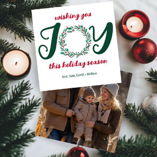 Cartes Pour Fêtes Annuelles JOY Christmas Wreath Hand-Drawn CUSTOM PHOTO