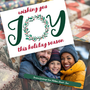 Cartes Pour Fêtes Annuelles JOY Christmas Wreath Hand-Drawn CUSTOM PHOTO