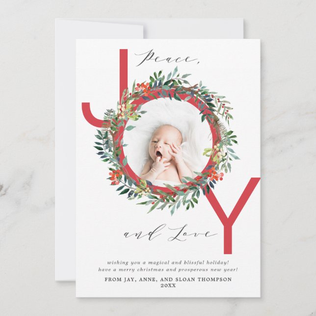 Cartes Pour Fêtes Annuelles JOY Christmas Wreath Red Baby Photo (Devant)