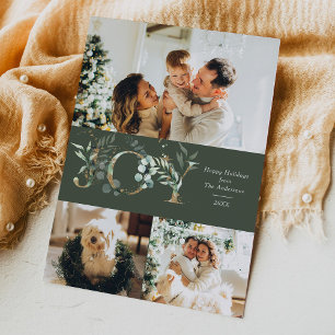 Cartes Pour Fêtes Annuelles JOY Élégant 3 Photo Or Vert