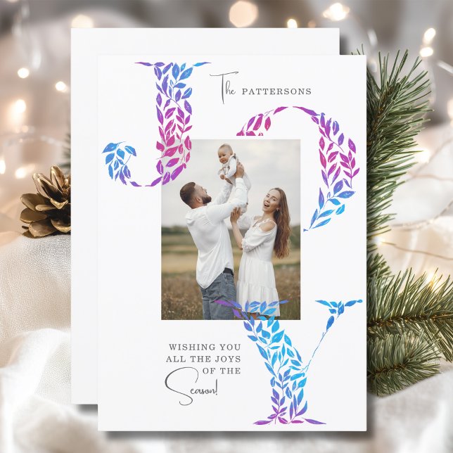 Cartes Pour Fêtes Annuelles Joy Elegant Noël Typographie florale Photo (Créateur téléchargé)