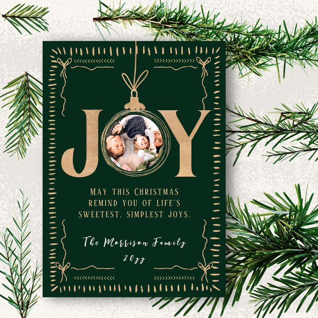 Cartes Pour Fêtes Annuelles JOY Evergreen Gold Accents Classy Christmas Photo (JOY Evergreen Gold Accents Classy Christmas Photo Holiday Card)