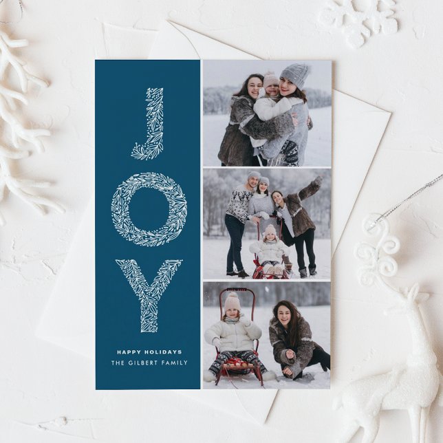 Cartes Pour Fêtes Annuelles JOY Foliage Lettering Blue Photo Collage (JOY Foliage Lettering Blue Three Photo Collage Holiday Card)