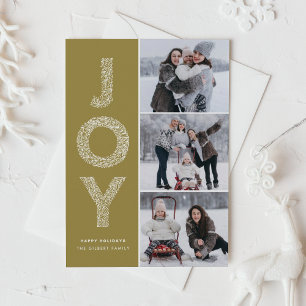 Cartes Pour Fêtes Annuelles JOY Foliage Lettering Gold Photo Collage
