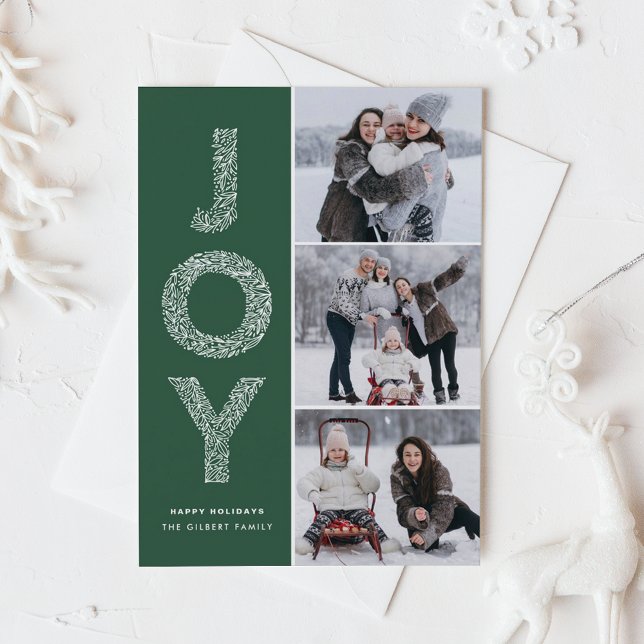Cartes Pour Fêtes Annuelles JOY Foliage Letting Green Photo Collage (JOY Foliage Lettering Green Photo Collage Holiday Card)