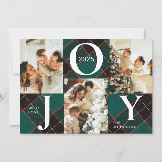 Cartes Pour Fêtes Annuelles Joy Green Plaid Photo Noël moderne tendance (Devant)
