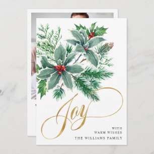 Cartes Pour Fêtes Annuelles JOY Holly Berry Branch Christmas Grey PHOTO