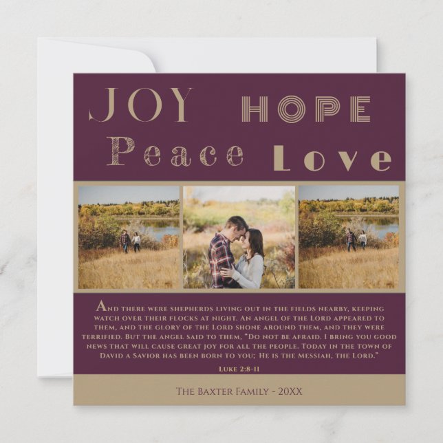 Cartes Pour Fêtes Annuelles Joy Hope Peace Love Bible Verse 3 Photo Noël (Devant)