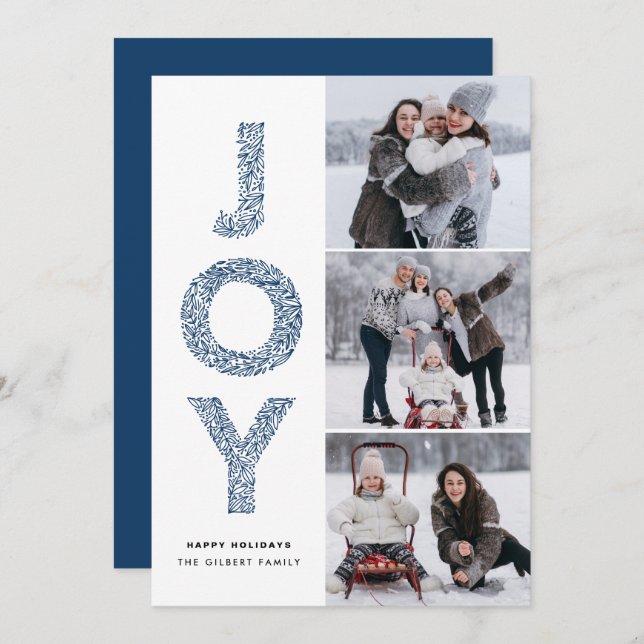 Cartes Pour Fêtes Annuelles JOY Lettering Blue Christmas Photo Collage (Devant / Derrière)