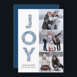 Cartes Pour Fêtes Annuelles JOY Lettering Blue Christmas Photo Collage<br><div class="desc">JOY Foliage Lettres Marine Bleu Photo Collage Carte Plat | Envoyez vos voeux de Noël avec ce carte photo de vacances moderne et fantasque. Il présente la typographie décorative du feuillage JOY et la motif festive. Personnalisez en ajoutant des noms,  des messages et des photos.</div>