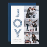 Cartes Pour Fêtes Annuelles JOY Lettering Blue Christmas Photo Collage<br><div class="desc">JOY Foliage Lettres Marine Bleu Photo Collage Carte Plat | Envoyez vos voeux de Noël avec ce carte photo de vacances moderne et fantasque. Il présente la typographie décorative du feuillage JOY et la motif festive. Personnalisez en ajoutant des noms,  des messages et des photos.</div>