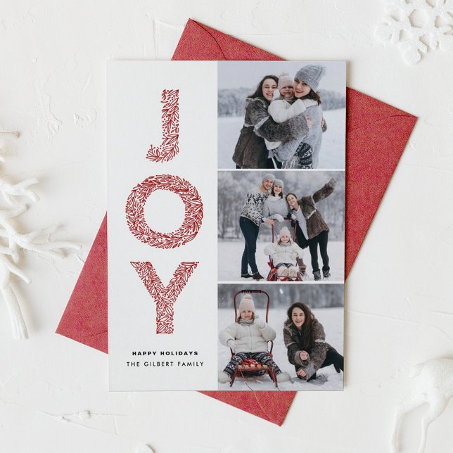 Cartes Pour Fêtes Annuelles JOY Lettering Red Christmas Photo Collage (JOY Foliage Lettering Three Photo Collage Holiday Card)