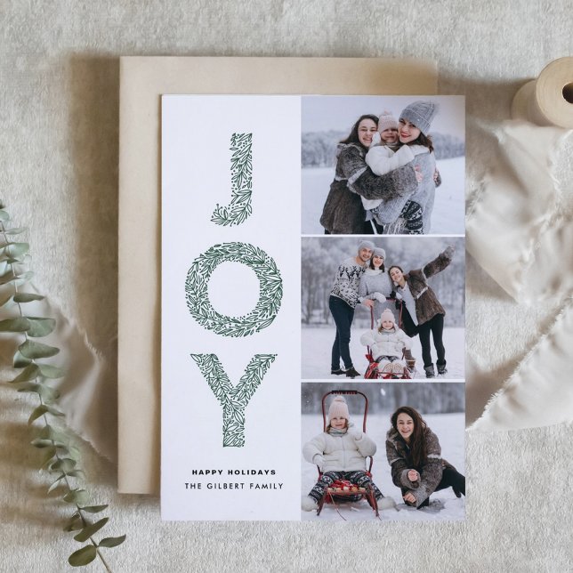 Cartes Pour Fêtes Annuelles JOY Letting Green Christmas Photo Collage (JOY Foliage Lettering Green Christmas Three Photo Collage Holiday Card)