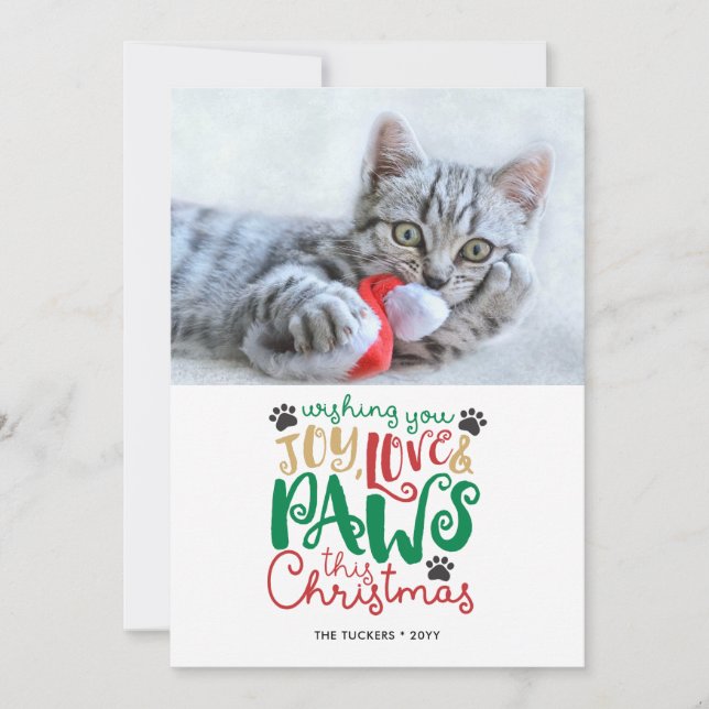 Cartes Pour Fêtes Annuelles Joy Love Paws Animal de compagnie Chat de Noël Pho (Devant)