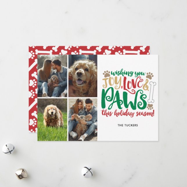 Cartes Pour Fêtes Annuelles Joy Love Paws Happy Holidays Chien Red 4-Photo (Devant/Arrière en situation)