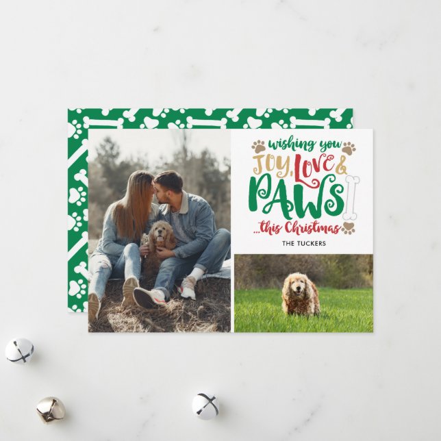Cartes Pour Fêtes Annuelles Joy Love Paws Noël Rouge Vert 2 Photo Chien (Devant/Arrière en situation)